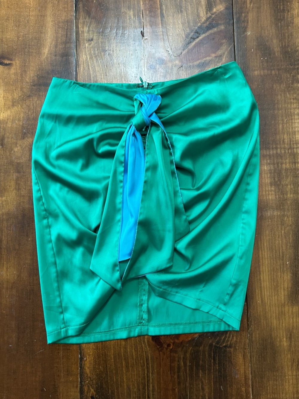 Emerald Green Satin Tie-Front Mini Skirt with Teal RIVIR Small